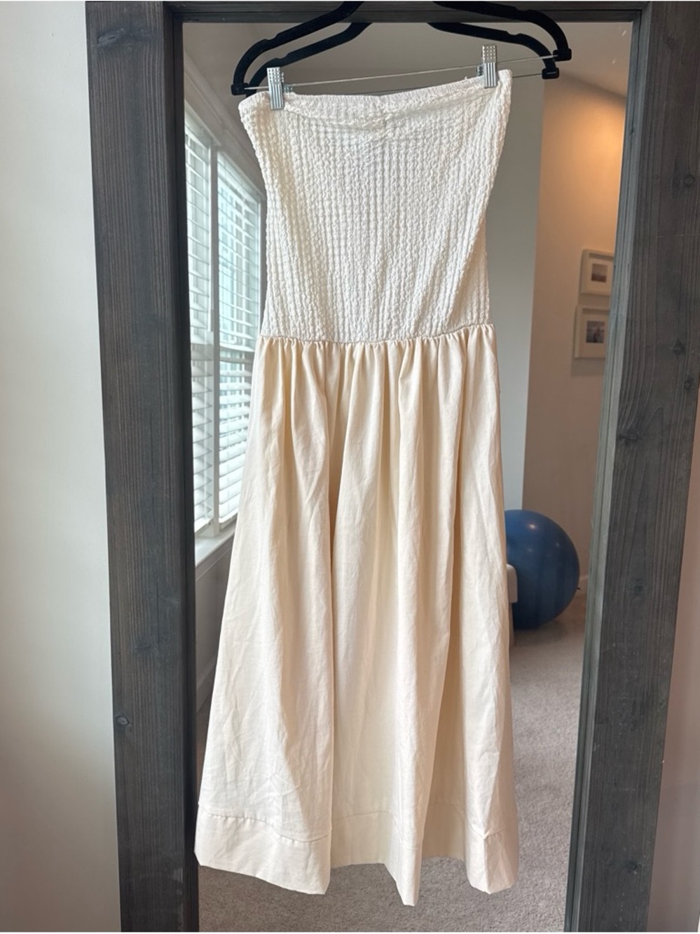 Cream Strapless Smocked Bodice Midi Dress